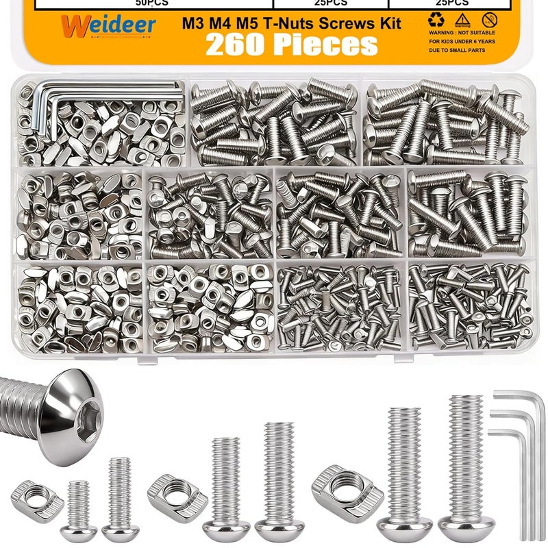 weideer 260PCS M3 M4 M5 T-Nuts Screws Assortment Kit,Nut and Bolt Assortment Sets for M-LOK System and 2020 Series Standard Aluminum - Image 1